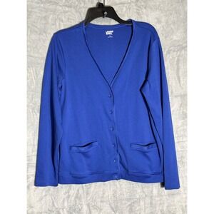 Lands End Womens Blue Cotton Blend V-Neck Button Front Cardigan Large 14-16